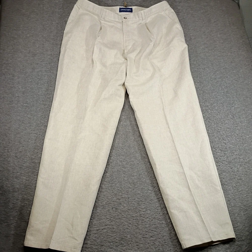 Vintage Denver Hayes Linen Pleated Trousers Pants Mens 40x32 Beige CANADA MADE